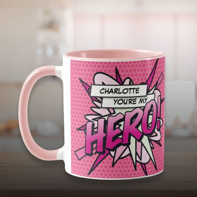 Caneca Personalizado, você é o meu HERO Cômico, rosa (Personalized You're My HERO Comic Book Pink Mug)