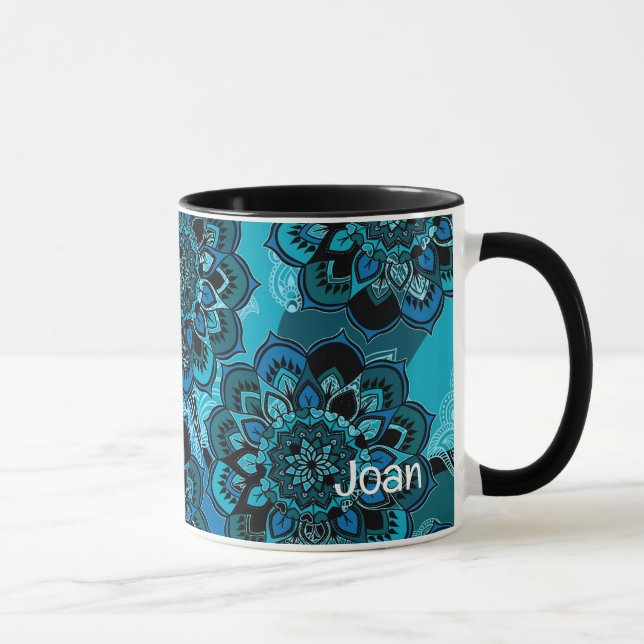 Caneca Personalizar nome Blue Boho Paisley Black Dentro M (Direita)