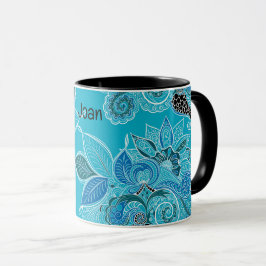 Caneca Personalizar nome Blue Boho Paisley Black Dentro M