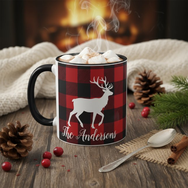 Caneca Personalized Buffalo Plaid Deer Family Name Mug Gi (Criador carregado)