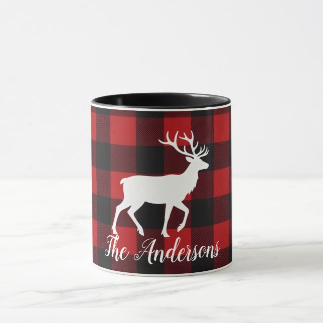 Caneca Personalized Buffalo Plaid Deer Family Name Mug Gi (Centro)