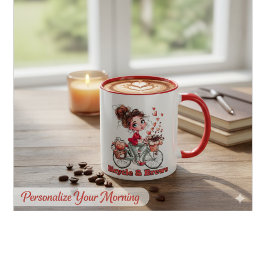 Caneca Personalized Cute Watercolor Girl Bicycle & Brews 