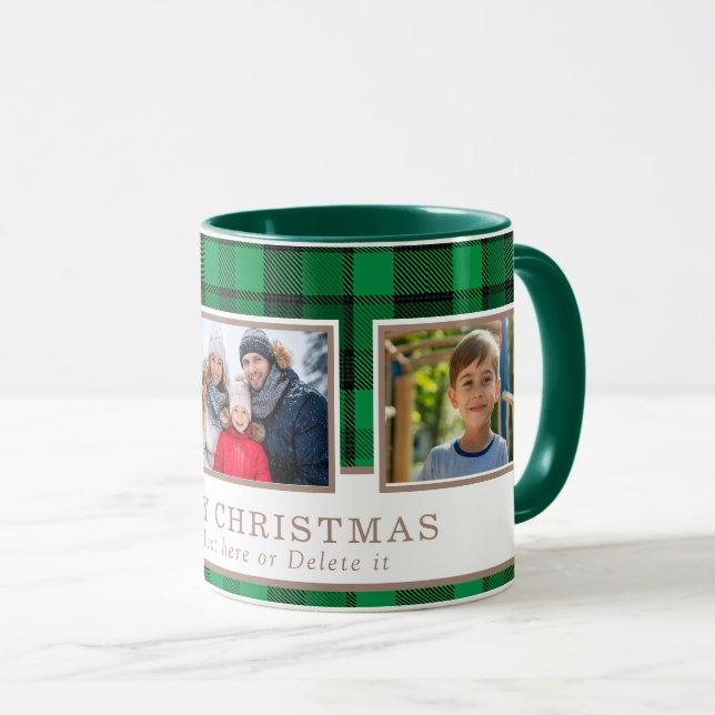Caneca Personalized Family 3 Photo Green Plaid Christmas  (Frente Esquerda)