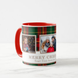 Caneca Personalized Family 3 Photo Plaid Christmas 