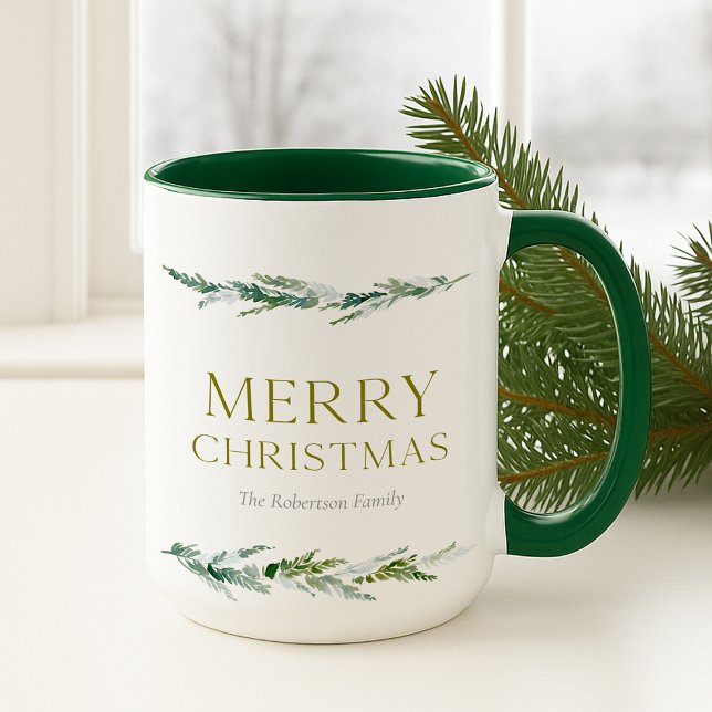 Caneca Personalized Merry Christmas Greenery (Criador carregado)