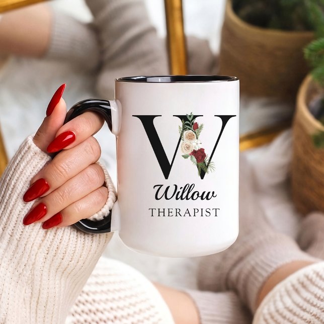 Caneca Personalized Monogram Alphabet Mug for Therapist (Personalized Monogram Floral Alphabet Mug for Mom, Grandma, Teacher, Nurse, Lawyer or Bridesmaid)