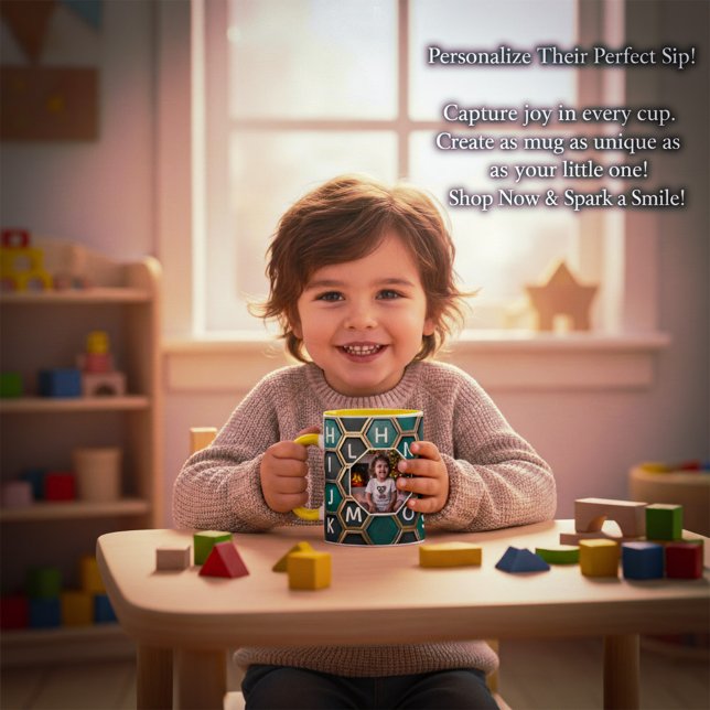 Caneca Personalized Mug with Custom Kid Photo A-Z letters (Personalized Alphabet Honeycomb Mug with Custom Kid Photo)