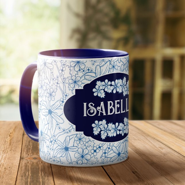 Caneca Personalized Name Feminine Blue Floral Pattern (Feminine Blue Floral Patterned Mug–Create a Custom Mug with Your Name.)