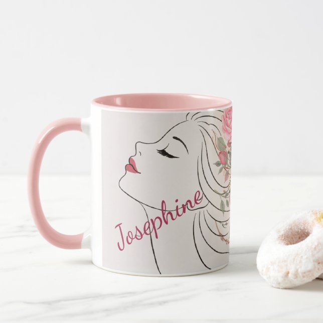 Caneca Personalized Pink Rose Floral Hair Woman Elegant  (Com Donut)