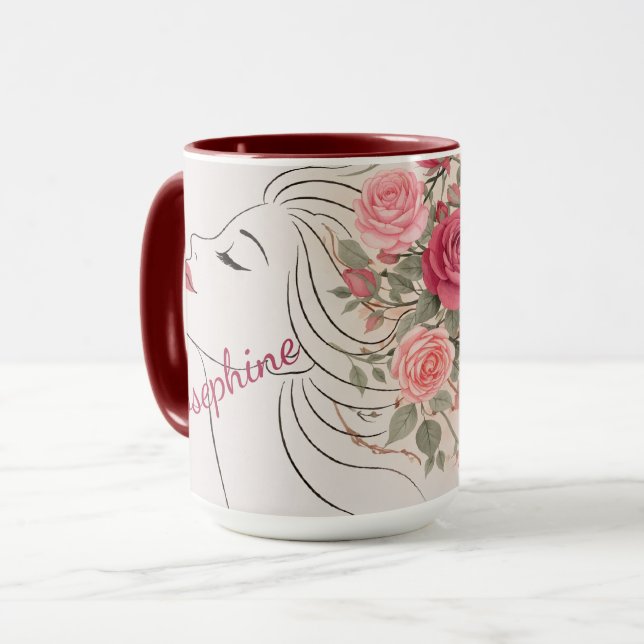 Caneca Personalized Pink Rose Floral Hair Woman Elegant  (Frente Esquerda)