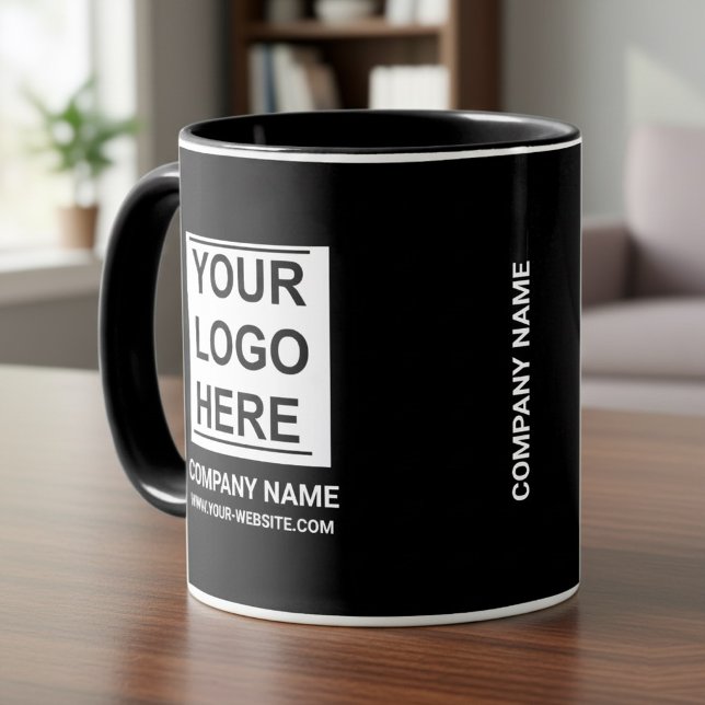 Caneca Personalized White Company Logo on: Business Black (Custom company logo mug, Corporate black coffee cup, Professional office)