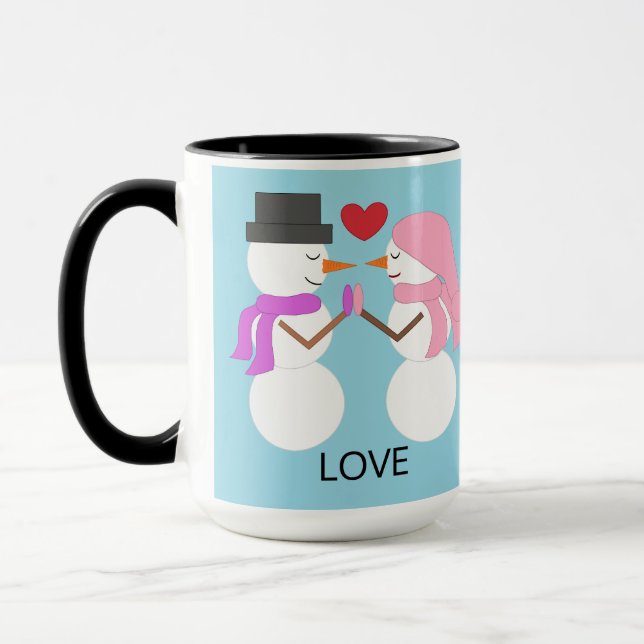 Caneca Pessoas de Neve Doces no Amor: Azul Claro (Esquerda)