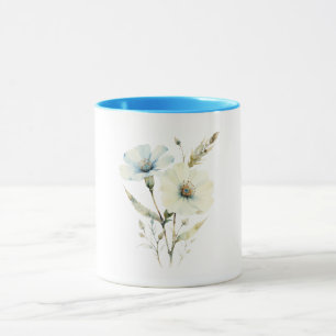 Caneca Pétalas Sussurrantes: Flor de Azul Suave e Creme