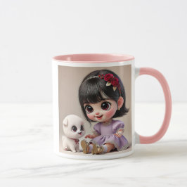 Caneca Petite fille au bandeau fleuri et son chiot blanc.