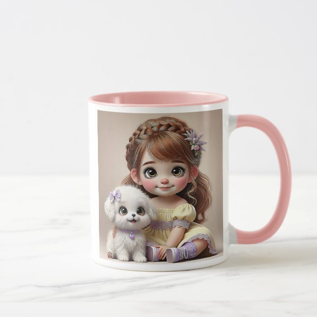 Caneca Petite fille au bandeau fleuri et son chiot blanc. (Direita)