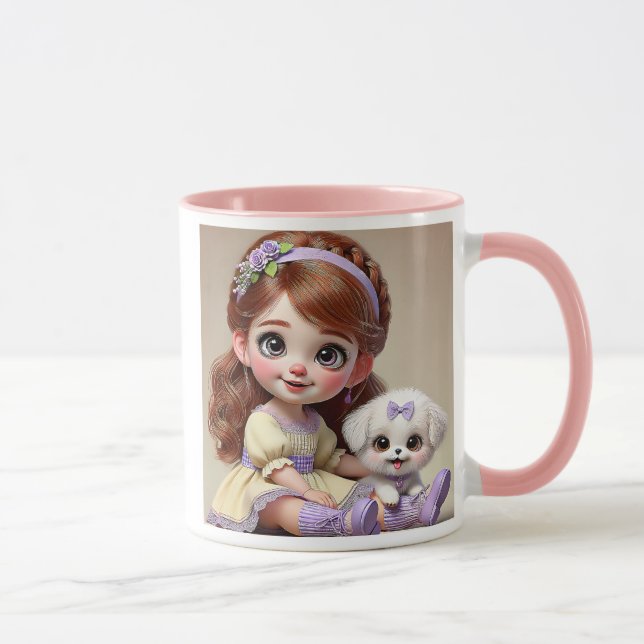 Caneca Petite fille au bandeau fleuri et son chiot blanc. (Direita)