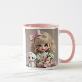 Caneca Petite fille au nœud rose et son chiot blanc.