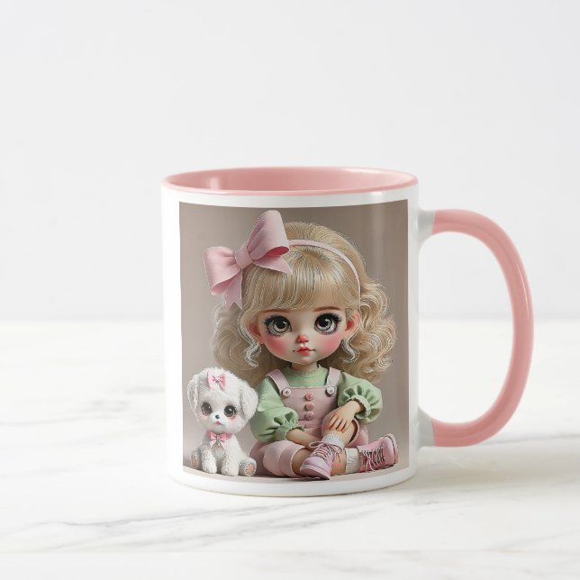 Caneca Petite fille au nœud rose et son chiot blanc. (Direita)