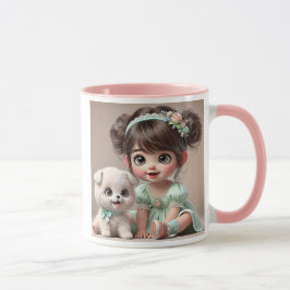 Caneca Petite fille en robe verte et son chiot blanc .