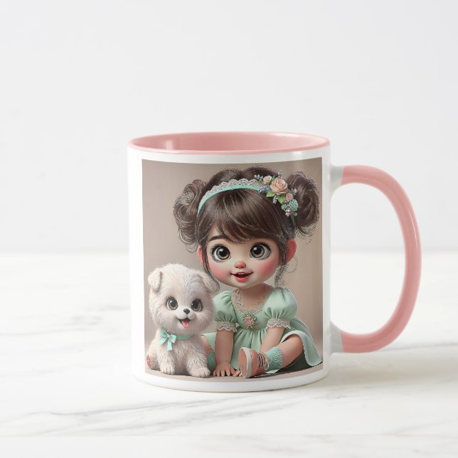 Caneca Petite fille en robe verte et son chiot blanc . (Direita)
