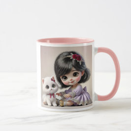 Caneca Petite fille en robe violette et son chat blanc .