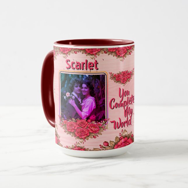Caneca Photo Collage  Name Valentine's Day Floral Coffee (Frente Esquerda)