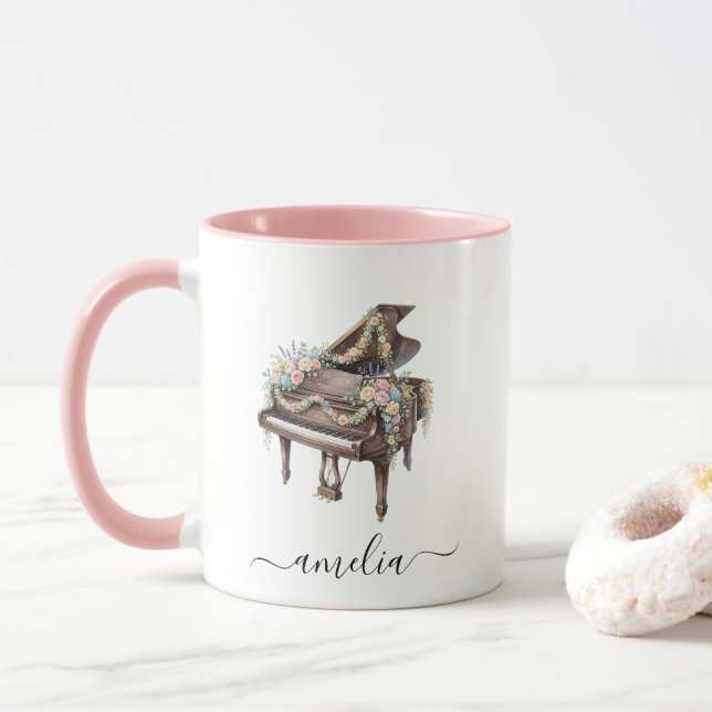 Caneca Piano de Cauda Elegante Personalizado com Flores (Com Donut)