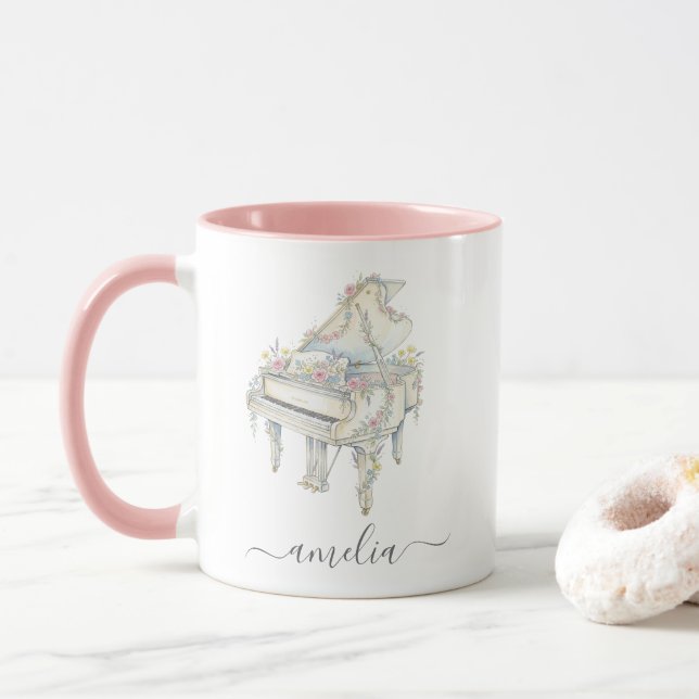 Caneca Piano de Cauda Elegante Personalizado com Flores (Com Donut)