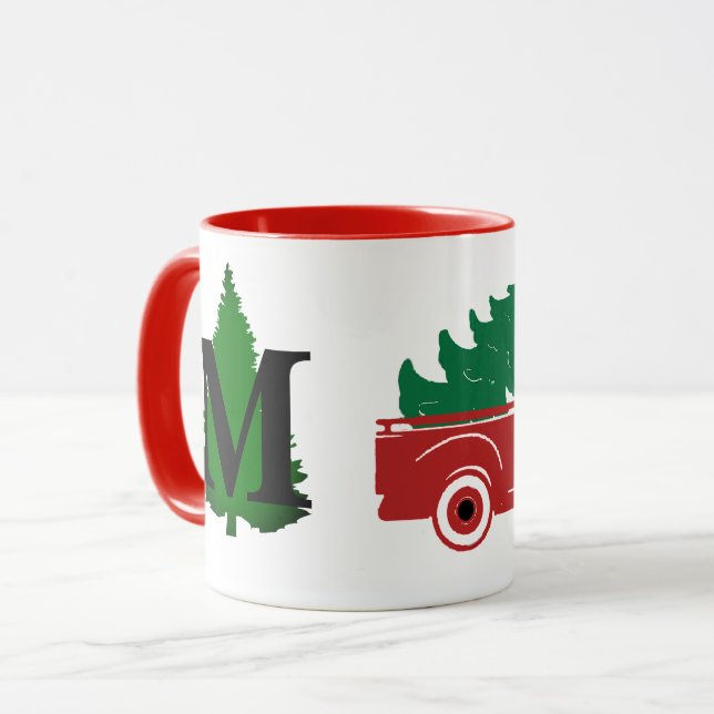 Caneca Pickup e monograma de árvore de Natal feliz (Frente Esquerda)
