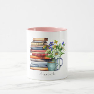Caneca Pilha de Livros Florais em Aquarela Personalizada
