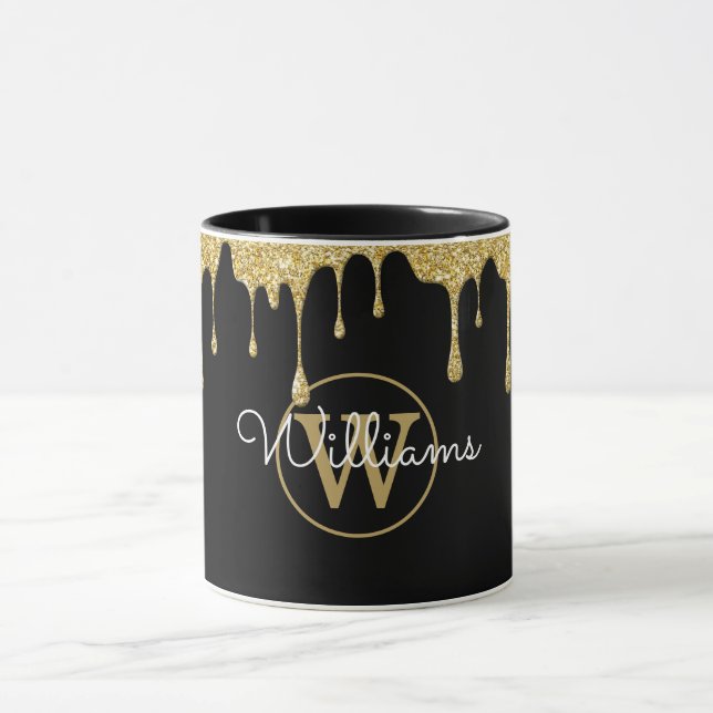 Caneca Pingo de Glitter Dourado Monograma Script Preto (Centro)