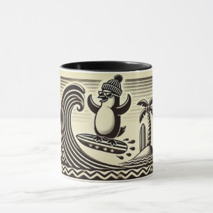 Caneca Pinguim branco preto pega uma onda