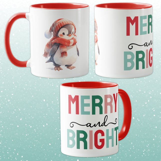 Caneca Pinguim fofo natal alegre e brilhante (Criador carregado)
