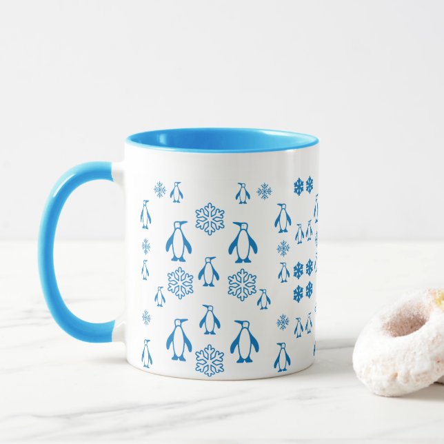 Caneca Pinguins Azuis Elegantes Com Padrões De Neve (Com Donut)