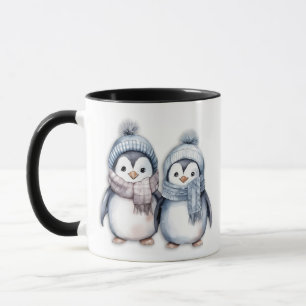 Caneca Pinguins de Aquarela Azul-Inverno Escarpando Chapé