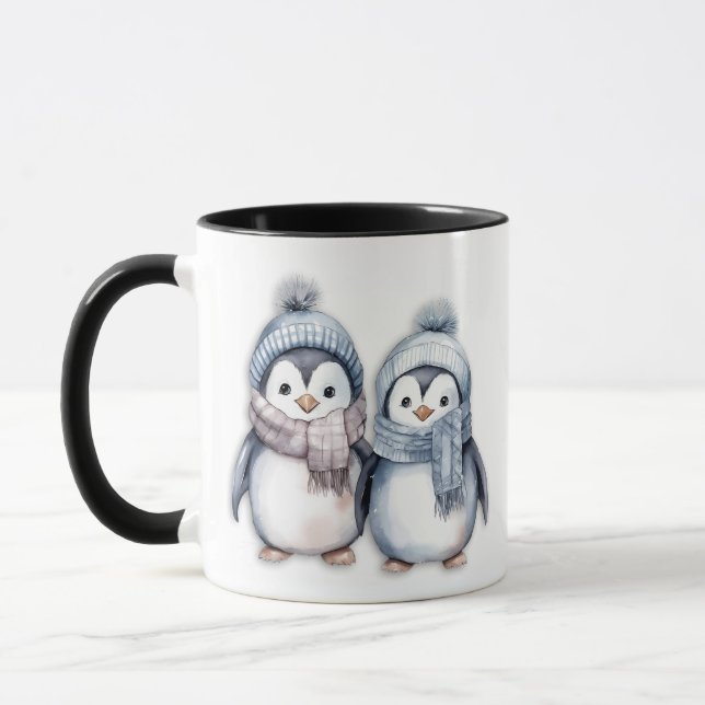 Caneca Pinguins de Aquarela Azul-Inverno Escarpando Chapé (Esquerda)
