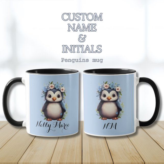 Caneca Pinguins de Cubo Azul Nome Personalizado e Iniciai (Blue mug with penguins, custom name & intitials. personalized. Multilingual Project)