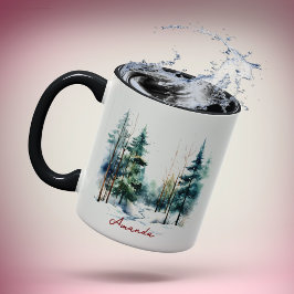 Caneca Pinhal verde-aquarela verde-branca Natal