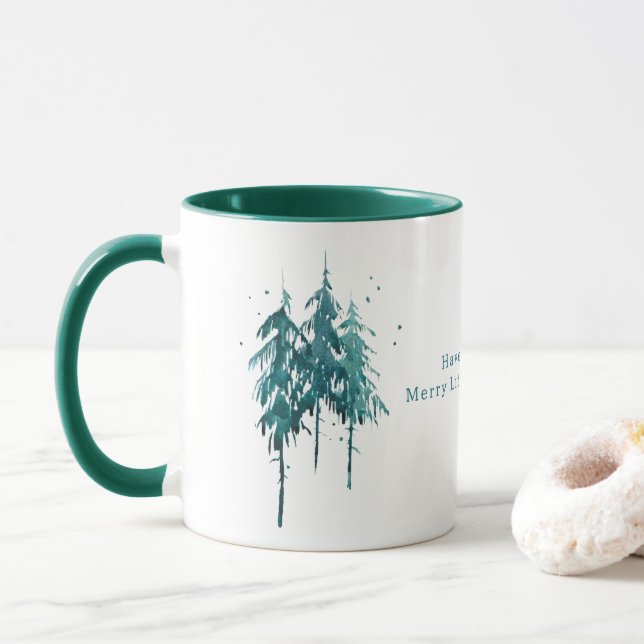 Caneca Pinheiros com Cor Azul-Verde Simples Natal (Com Donut)
