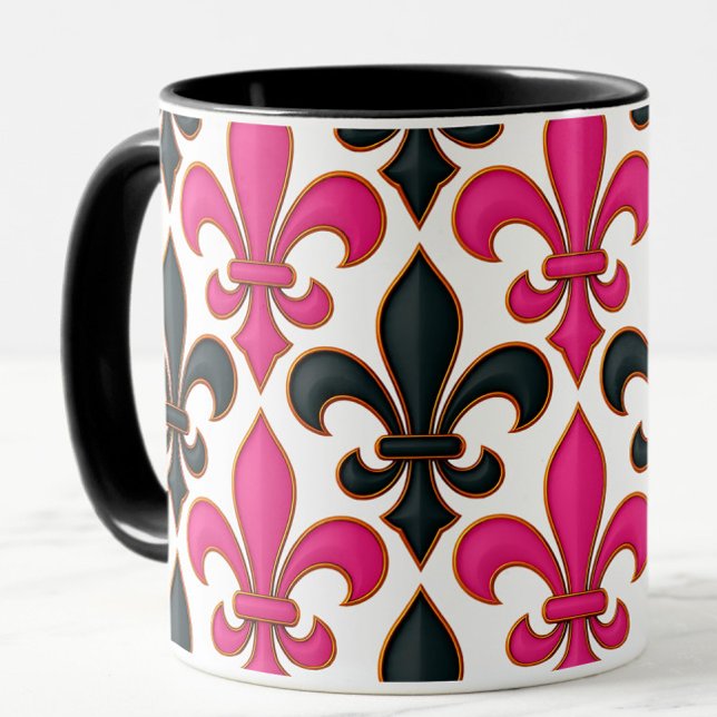 Caneca Pink Black Baroque Fleur-de-lis Pattern Design  (Criador carregado)