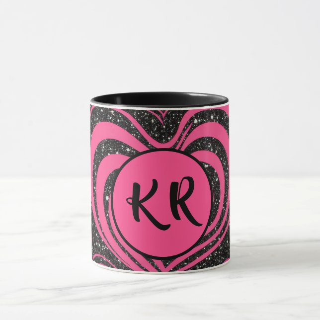 Caneca Pink Black Glam Abstract Heart Monogram Initials (Centro)
