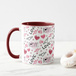 Caneca Pink Black Marroon Hearts Love Pattern