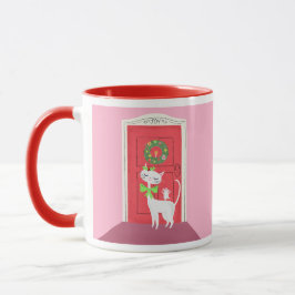 Caneca Pink de gato branco e rato retrátil de Natal