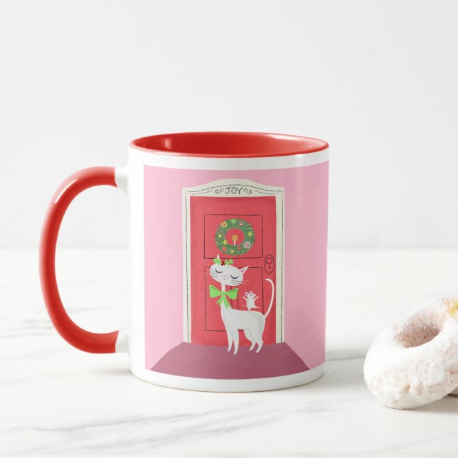 Caneca Pink de gato branco e rato retrátil de Natal (Com Donut)