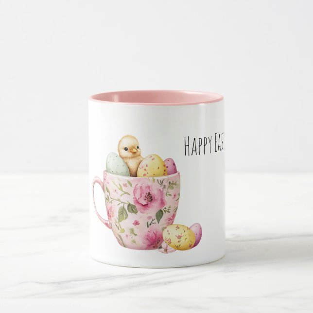Caneca Pink Floral Cup of Easter Eggs Baby Chick (Centro)