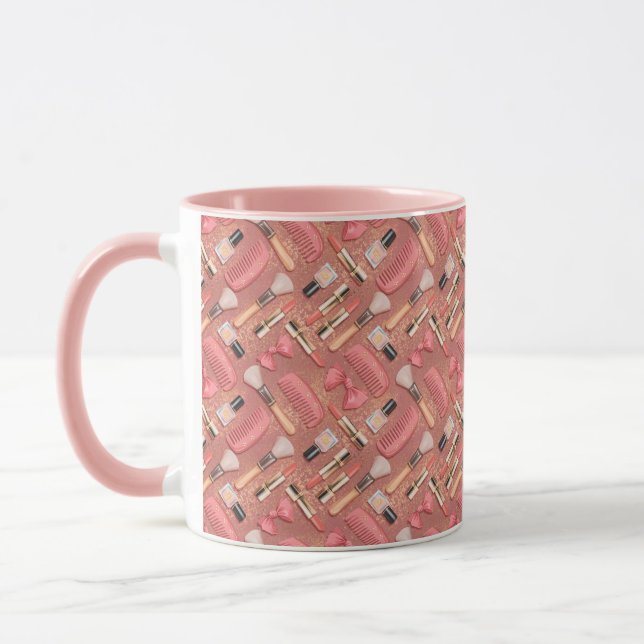 Caneca Pink Makeup Cosmetics Pattern Glitter  (Esquerda)