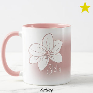 Caneca Pink Minimalista Flor Desenhada à Mão Seu Nome