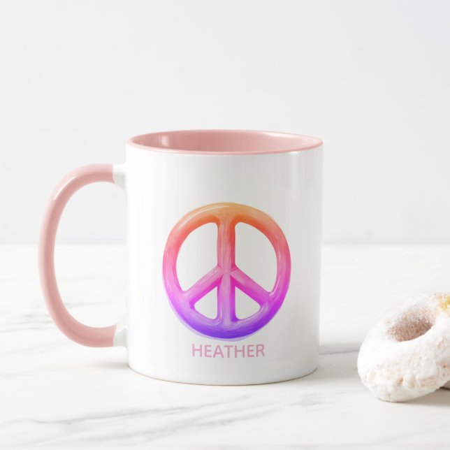 Caneca Pink Peace Hot Beverage Mug Custom Name Fun Gift  (Com Donut)