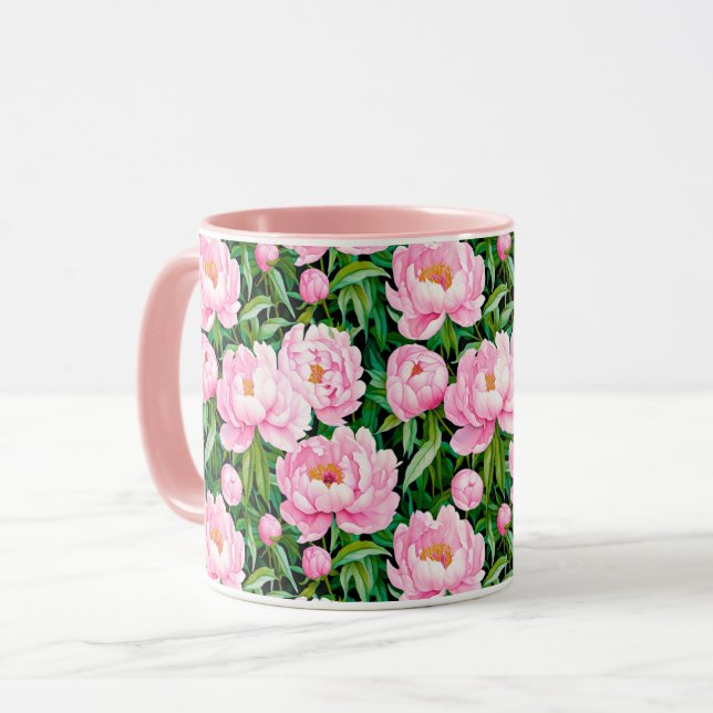 Caneca Pink Peony Blossoms em um Fundo de Folha (Frente Esquerda)