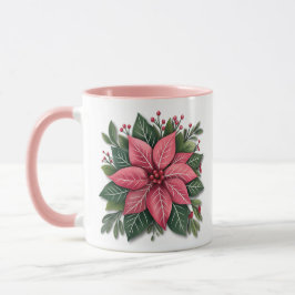 Caneca Pink Poinsettia Pata de Natal com Folhagem Festiva